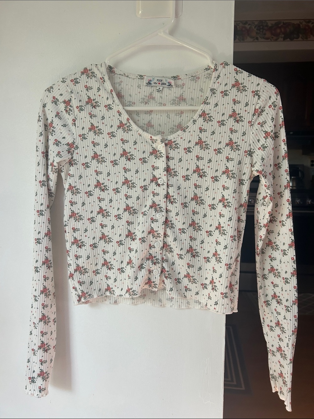 Poof || White Ribbed Crop Top with Pink Floral Print